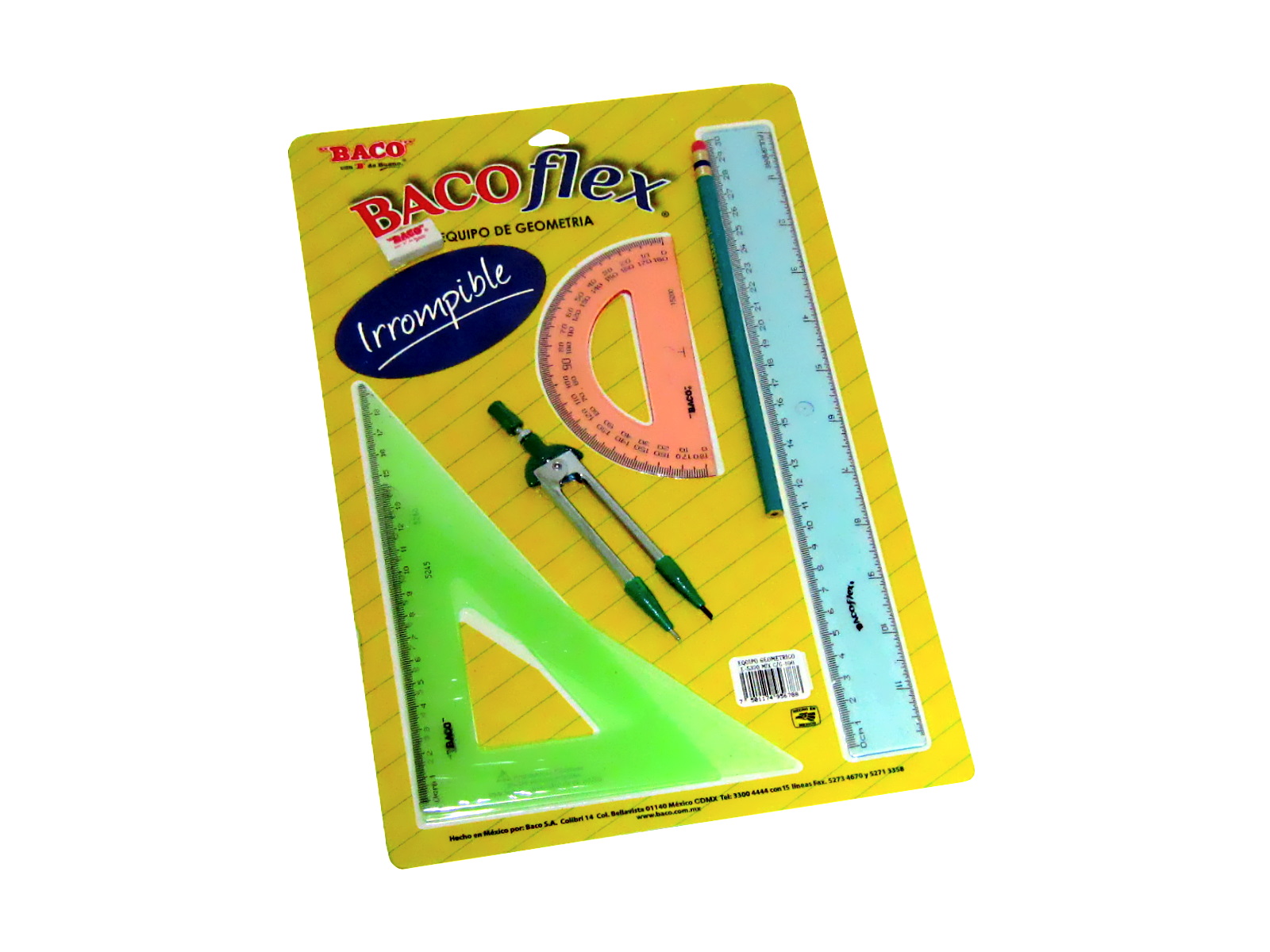 JUEGO DE GEOMETRIA FLEXIBLE 5370 C/COMPAS ESCOLAR BACOFLEX  