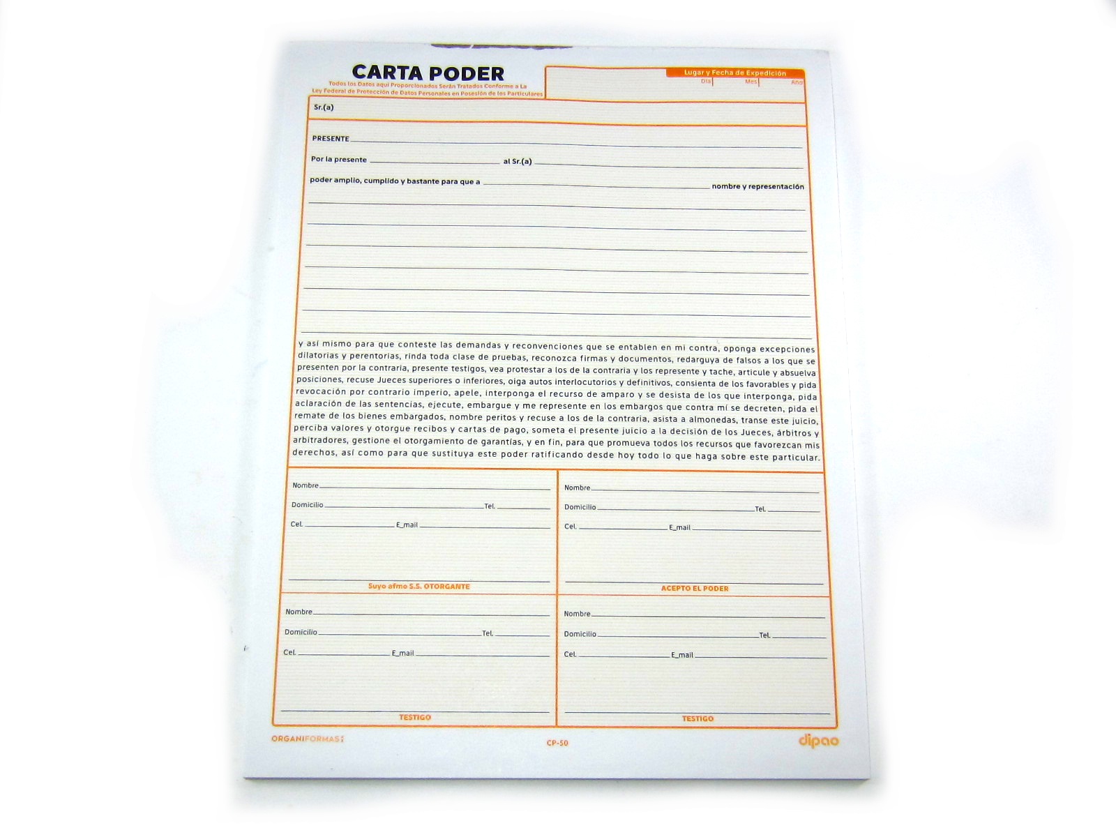 BLOCK CARTA PODER 50HJS CP-50 ORGANIFORMAS                  