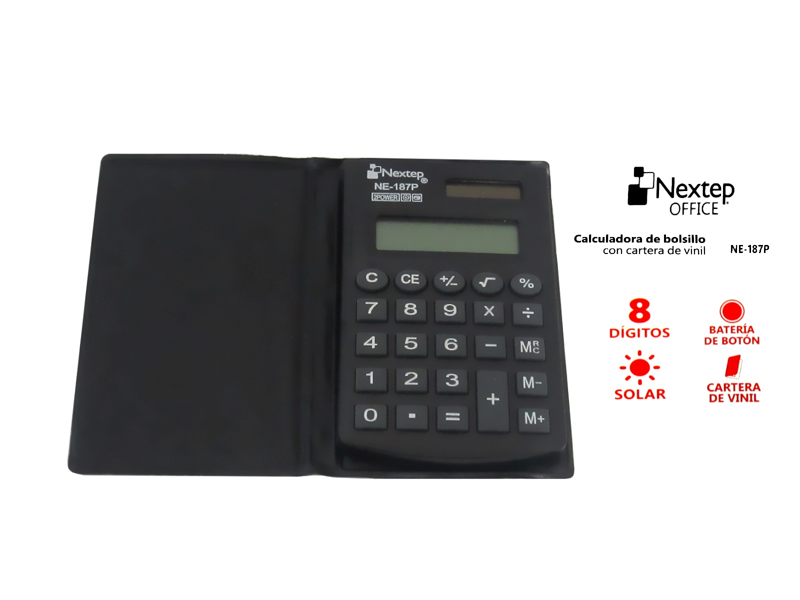 CALCULADORA DE BOLSILLO C/CARTERA 8 DIGITOS, SOLAR, BATERIA 